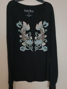 Lucky Tees Women's Black Long Sleeve Tee with Embroidered Koi